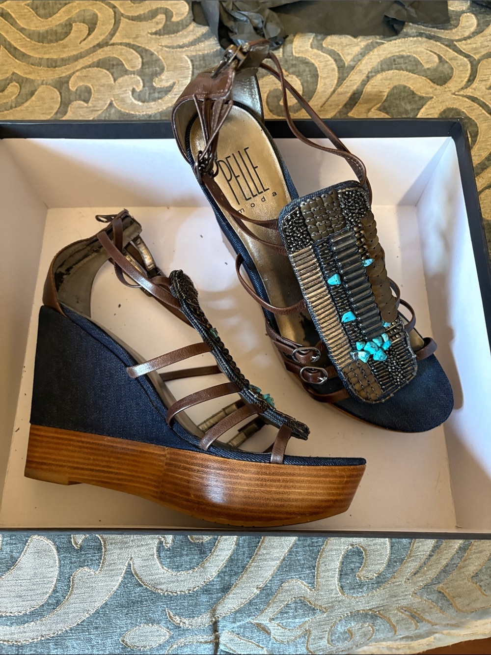 Pelle Moda Navy and Brown Beaded Platform Wedge Sandals